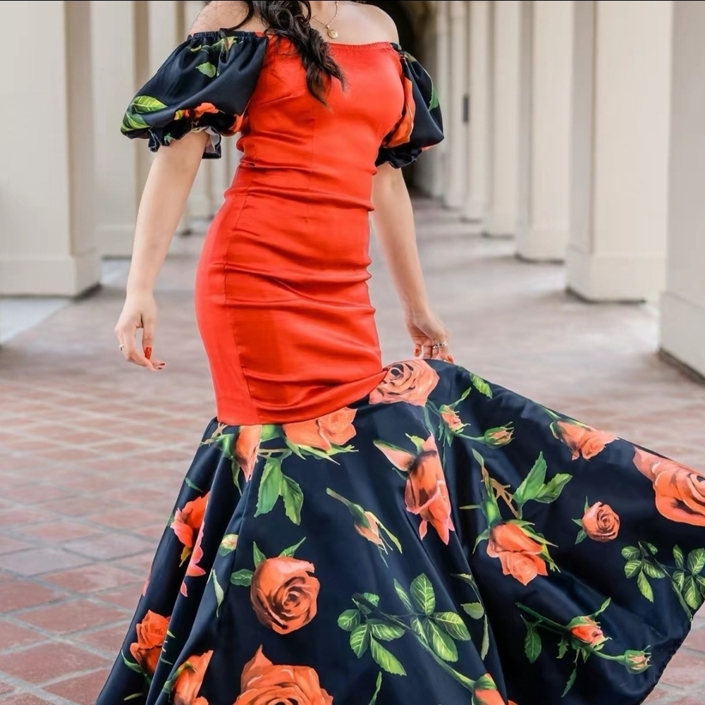 Elegant Red and Black Floral Off-Shoulder Dress